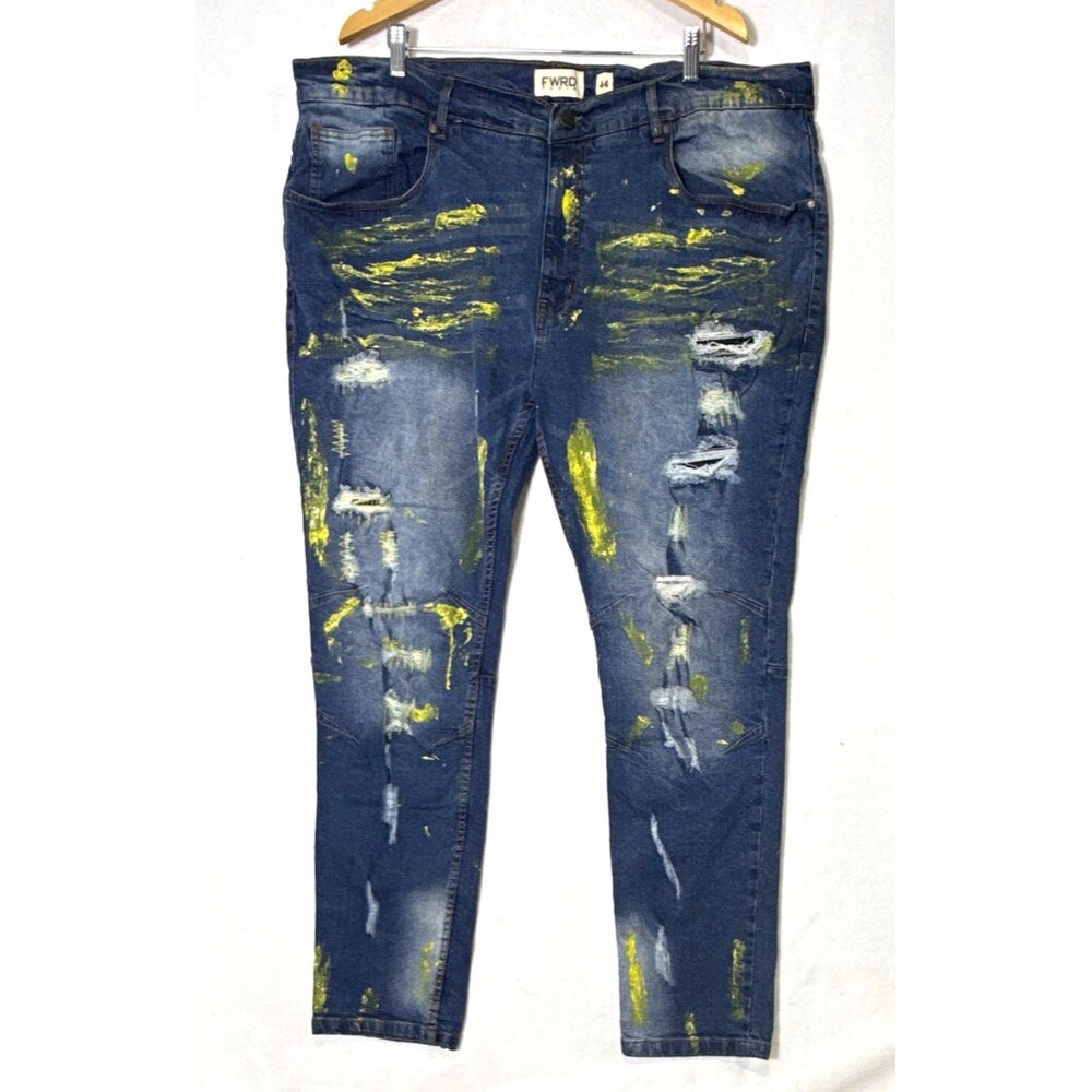 FWRD Denim Mens Blue Jeans Slim Tapered Distressed 44x32 Yellow Splatters Grunge